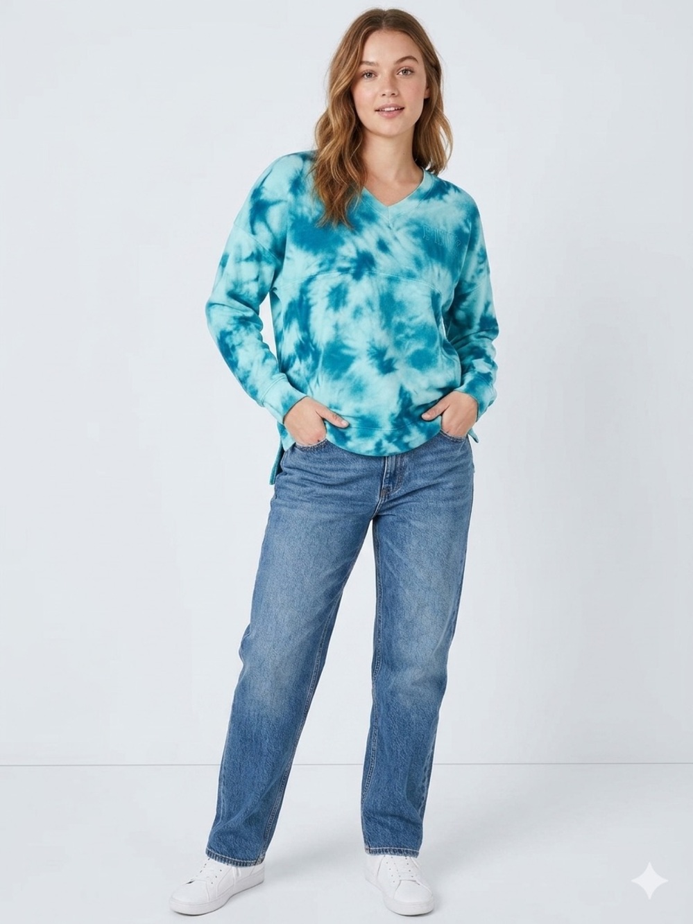 PINK Victoria's Secret Blue Terry  Tie-Dye V-Neck Pullover runs large